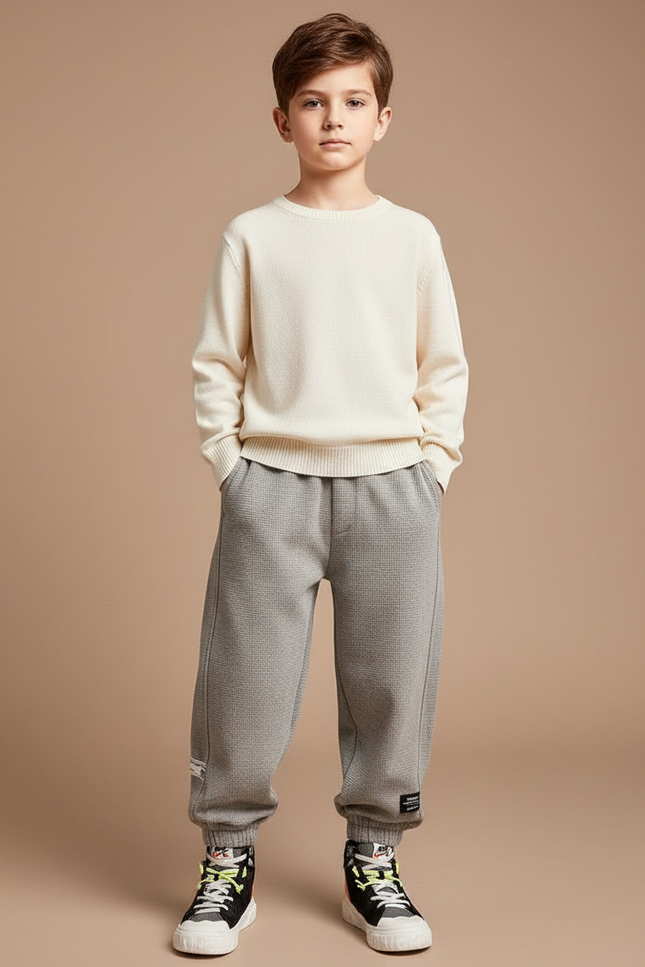 Pantalon Fluide Gris Ample Maille Gaufre Garçon