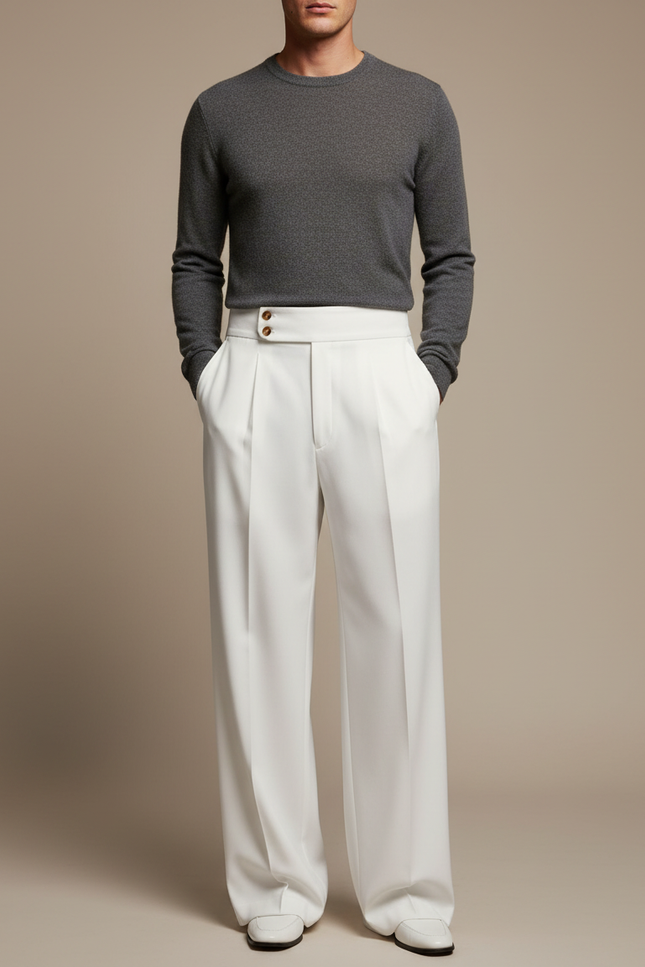 Pantalon Fluide Blanc Plissé Taille Haute Élégant Homme - Polyester