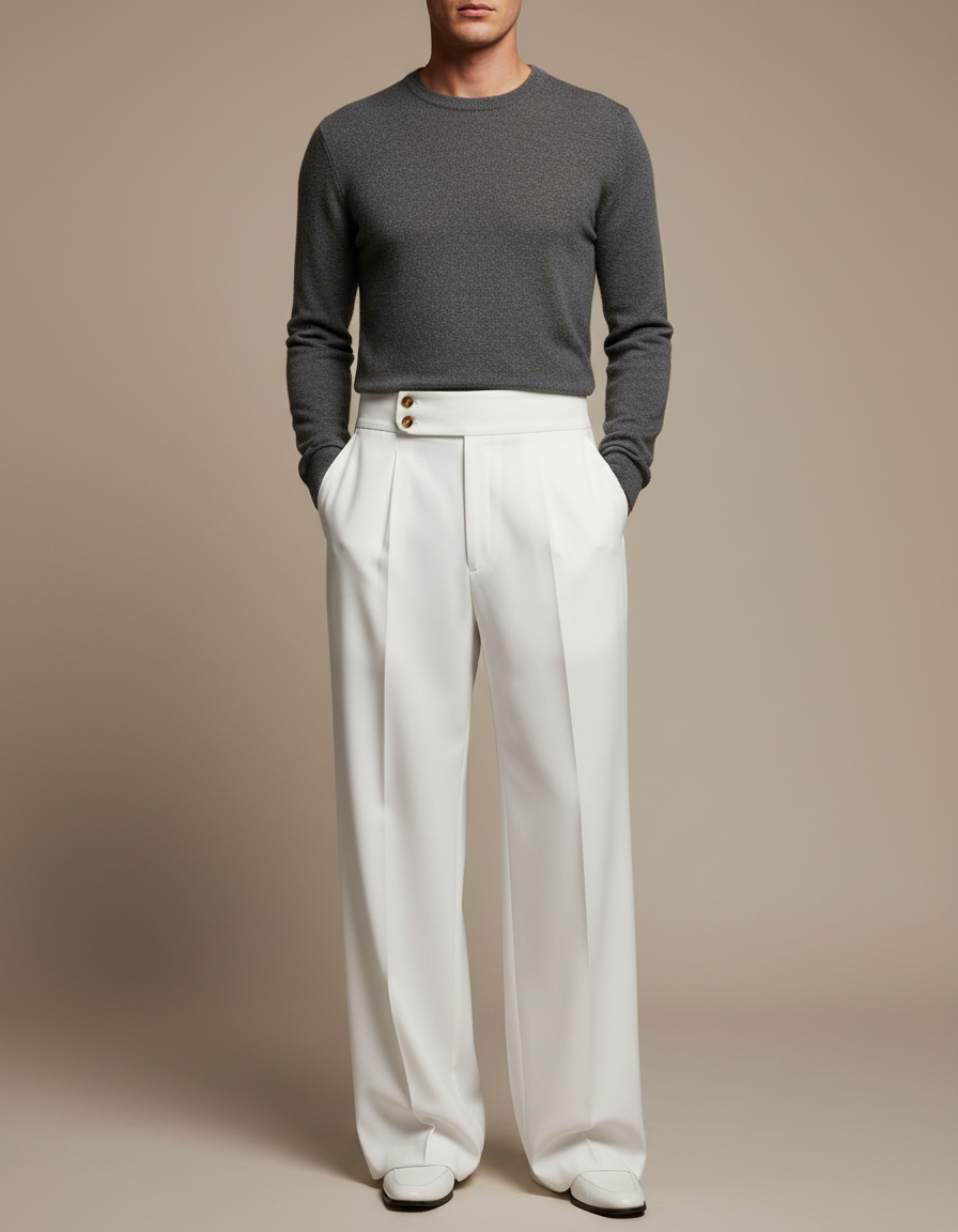 Pantalon Fluide Blanc Plissé Taille Haute Élégant Homme - Polyester