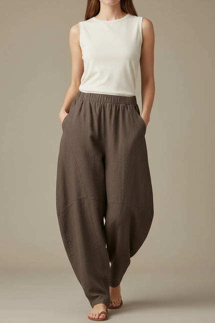 Pantalon Fluide Marron Ample Lin Décontracté Élastique Harem