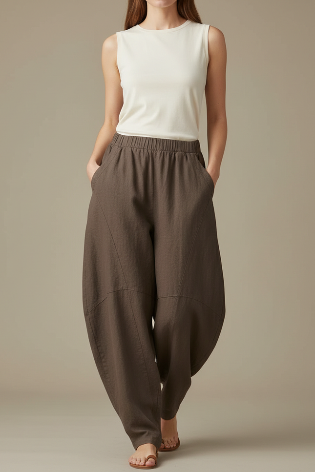 Pantalon Fluide Marron Ample Lin Décontracté Élastique Harem