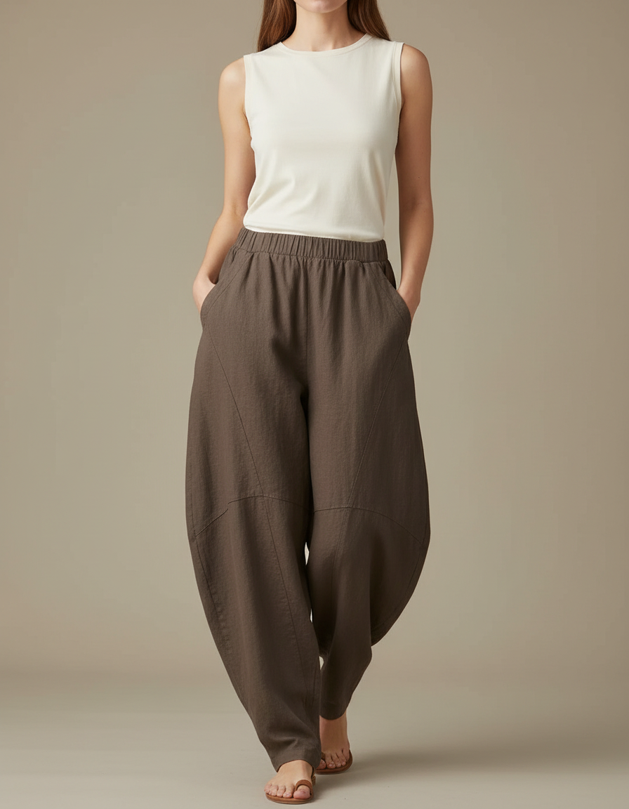Pantalon Fluide Marron Ample Lin Décontracté Élastique Harem