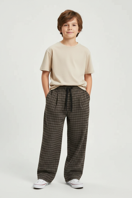 Pantalon Fluide Carreaux Marron Ample Garçon Décontracté - Tweed