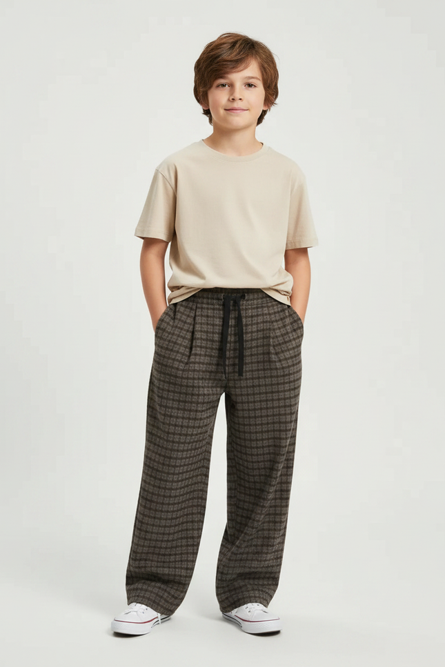Pantalon Fluide Carreaux Marron Ample Garçon Décontracté - Tweed