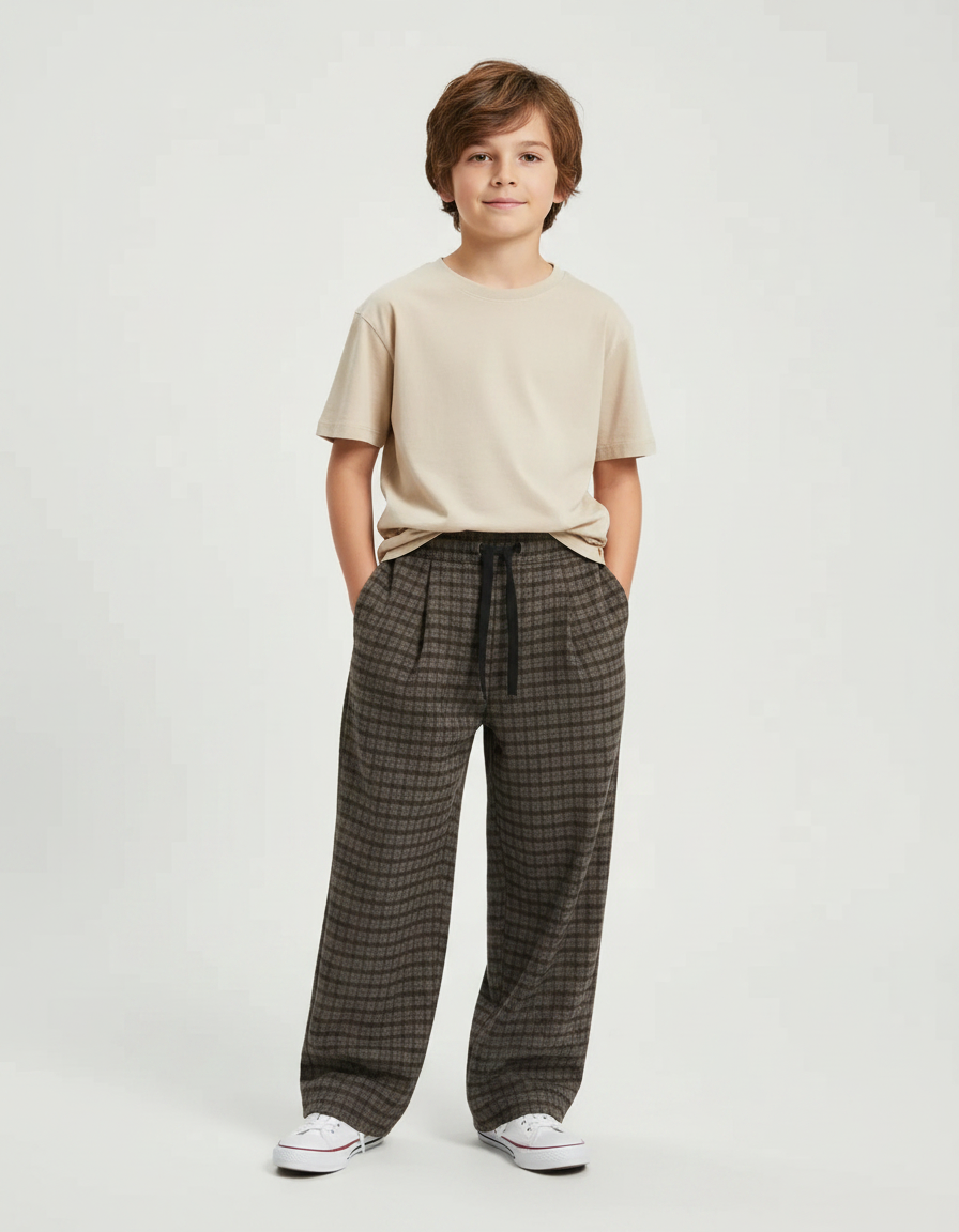 Pantalon Fluide Carreaux Marron Ample Garçon Décontracté - Tweed
