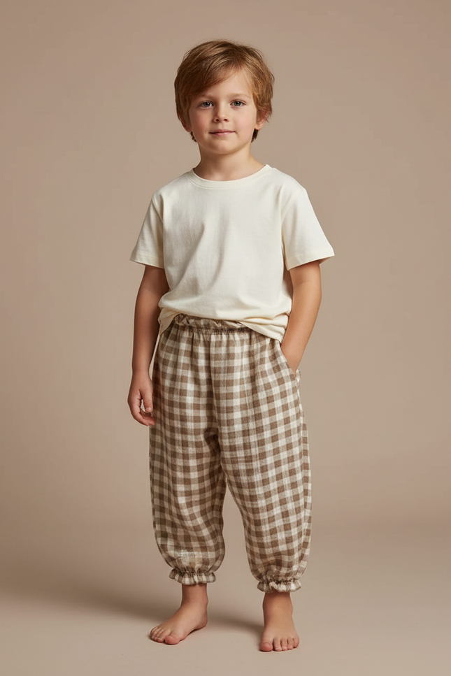 Pantalon Fluide Carreaux Marron Écru Coton Ample Enfant - Molleton