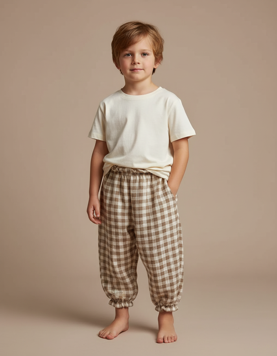 Pantalon Fluide Carreaux Marron Écru Coton Ample Enfant - Molleton