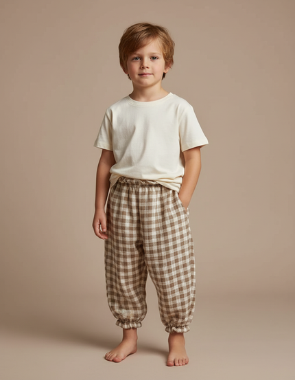 Pantalon Fluide Carreaux Marron Écru Coton Ample Enfant - Molleton