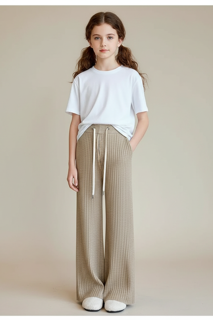 Pantalon Fluide Beige Côtelé Ample Élastique Confortable - Maille