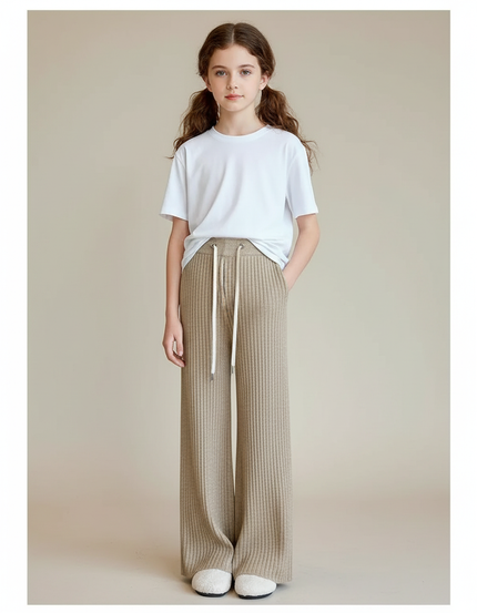 Pantalon Fluide Beige Côtelé Ample Élastique Confortable - Maille