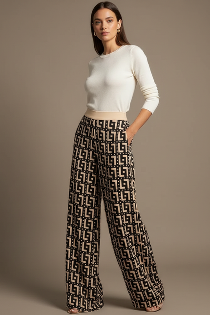 Pantalon Fluide Imprimé Géométrique Large Élégant Femme - Viscose