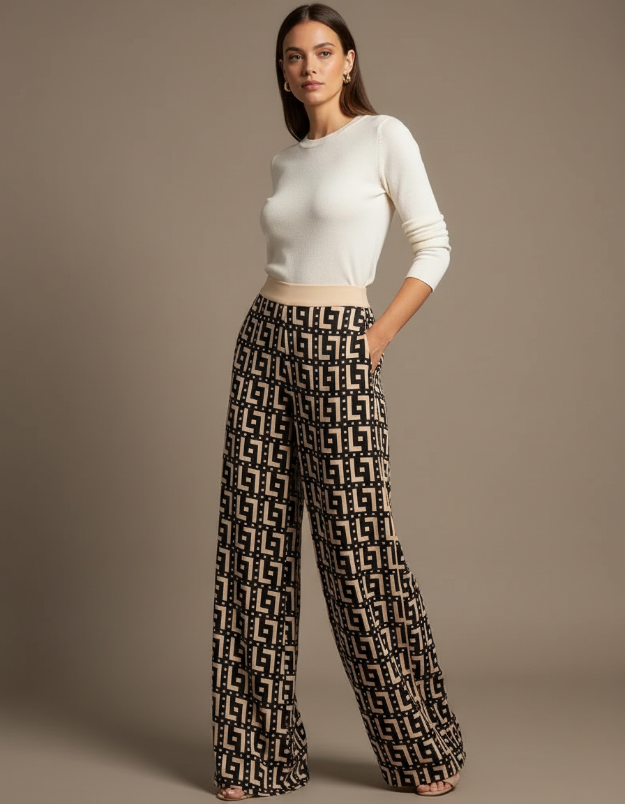 Pantalon Fluide Imprimé Géométrique Large Élégant Femme - Viscose