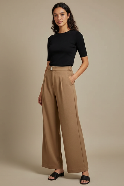 Pantalon Fluide Camel Ample Taille Haute Élégant Femme - Polyester