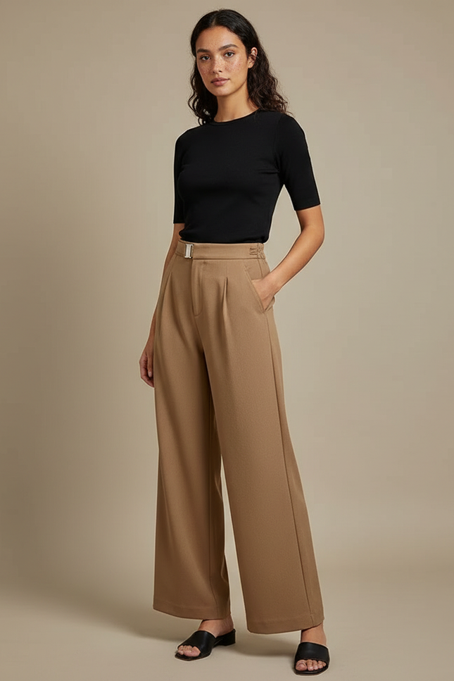 Pantalon Fluide Camel Ample Taille Haute Élégant Femme - Polyester