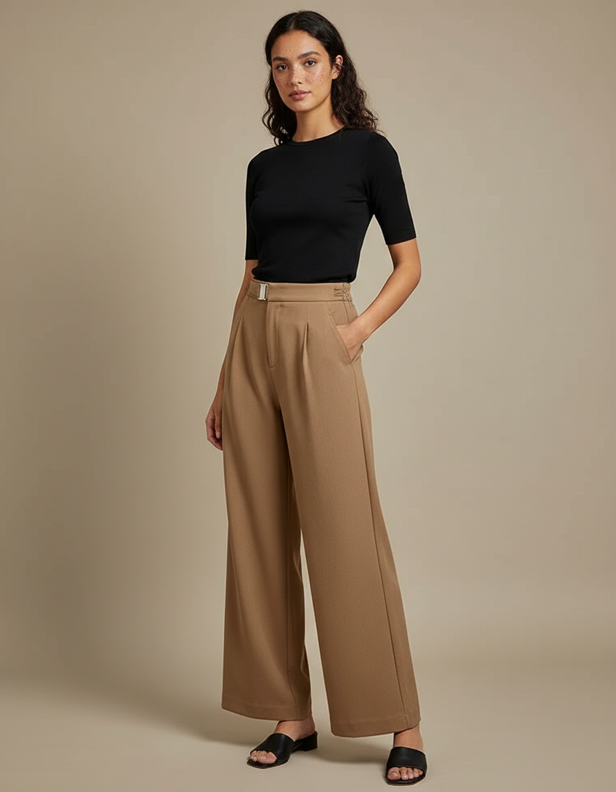 Pantalon Fluide Camel Ample Taille Haute Élégant Femme - Polyester