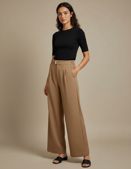 Pantalon Fluide Camel Ample Taille Haute Élégant Femme - Polyester