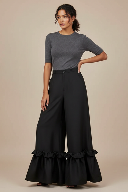 Pantalon Fluide Noir Ample Volants Plissés Élégant - Polyester