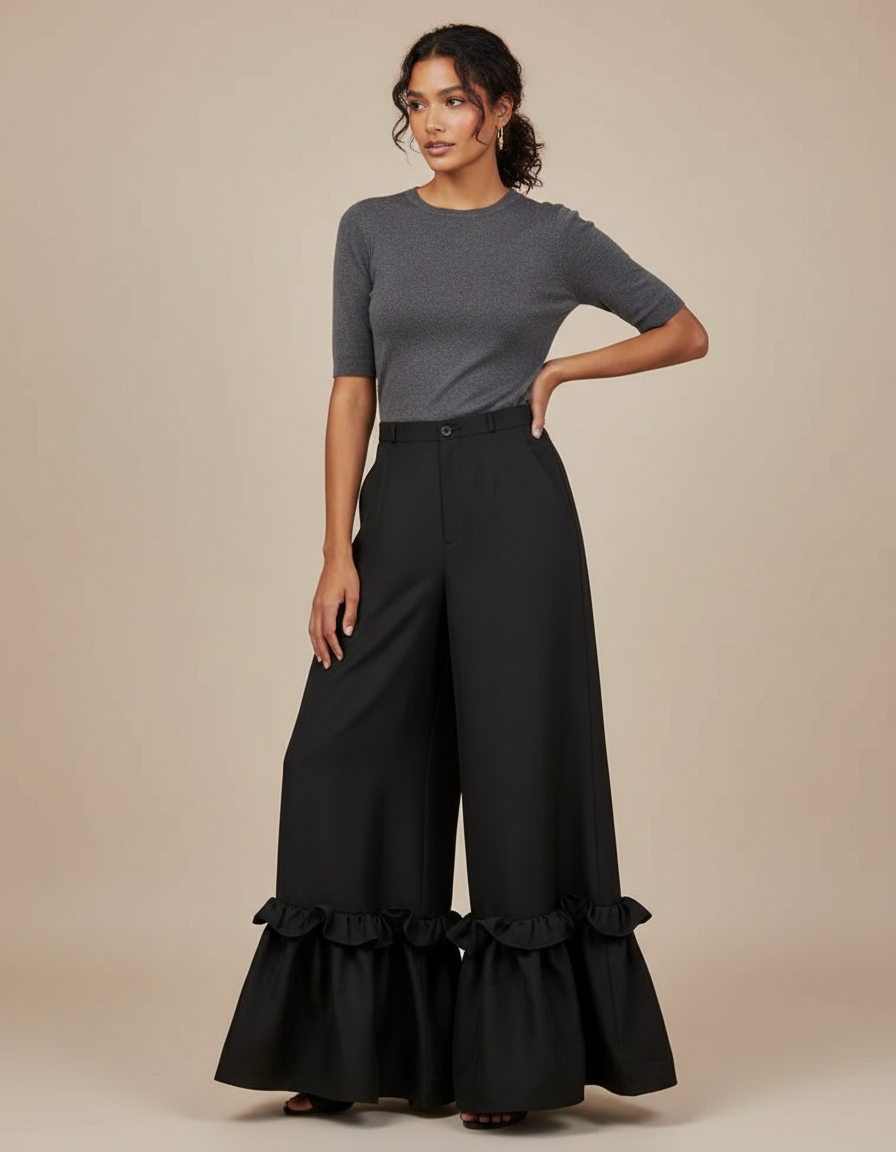 Pantalon Fluide Noir Ample Volants Plissés Élégant - Polyester