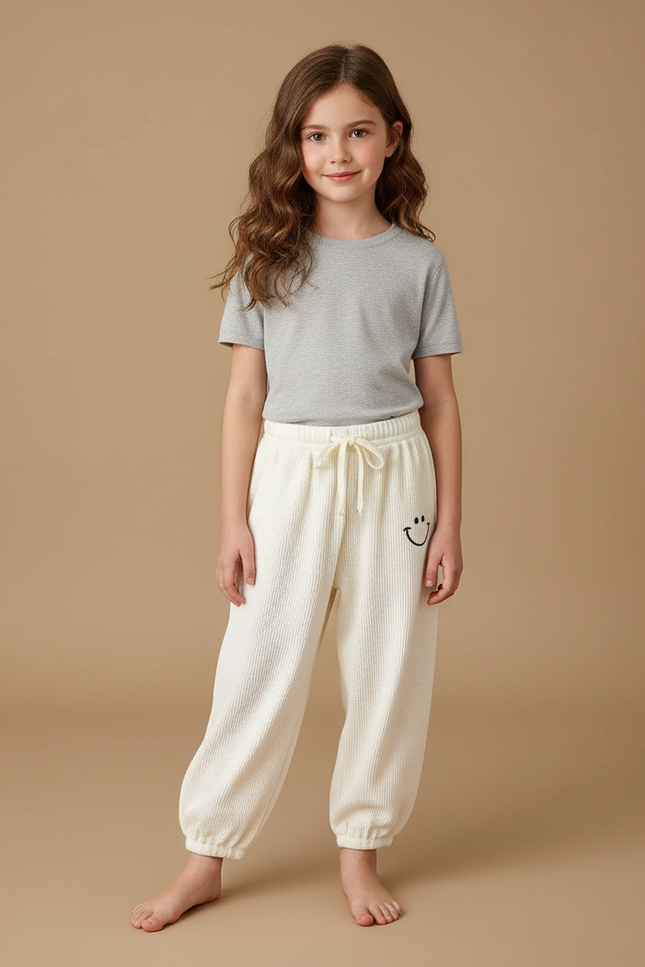 Pantalon Fluide Écru Côtelé Ample Décontracté Smiley - Beige Maille