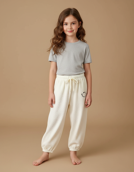 Pantalon Fluide Écru Côtelé Ample Décontracté Smiley - Beige Maille