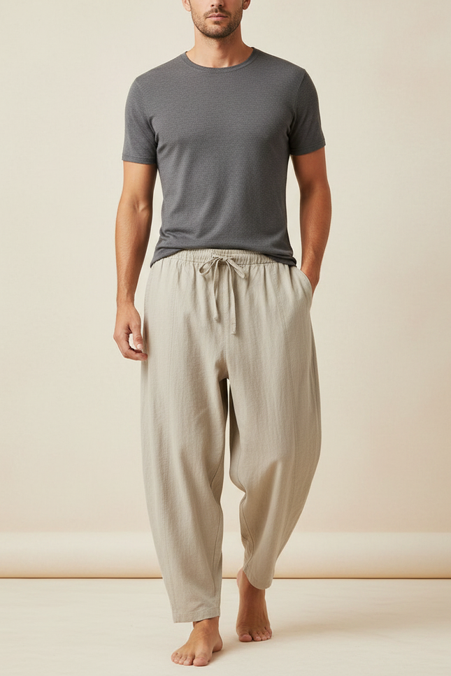 Pantalon Fluide Beige Coton Ample Cordon Décontracté Homme - Lin