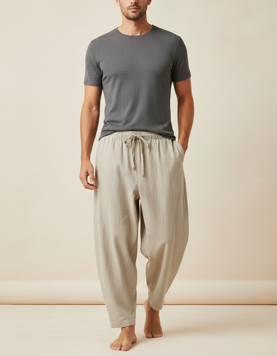 Pantalon Fluide Beige Coton Ample Cordon Décontracté Homme - Lin