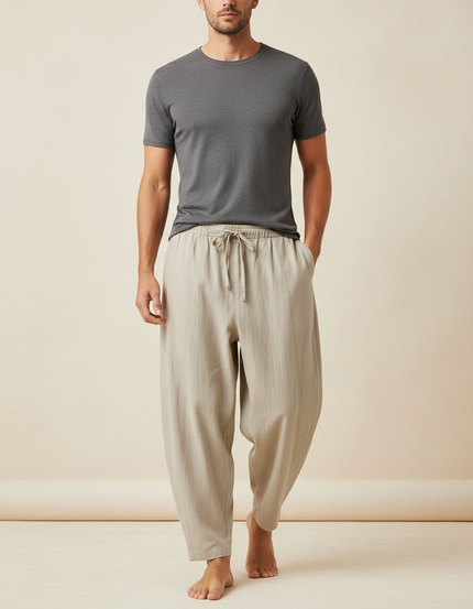 Pantalon Fluide Beige Coton Ample Cordon Décontracté Homme - Lin