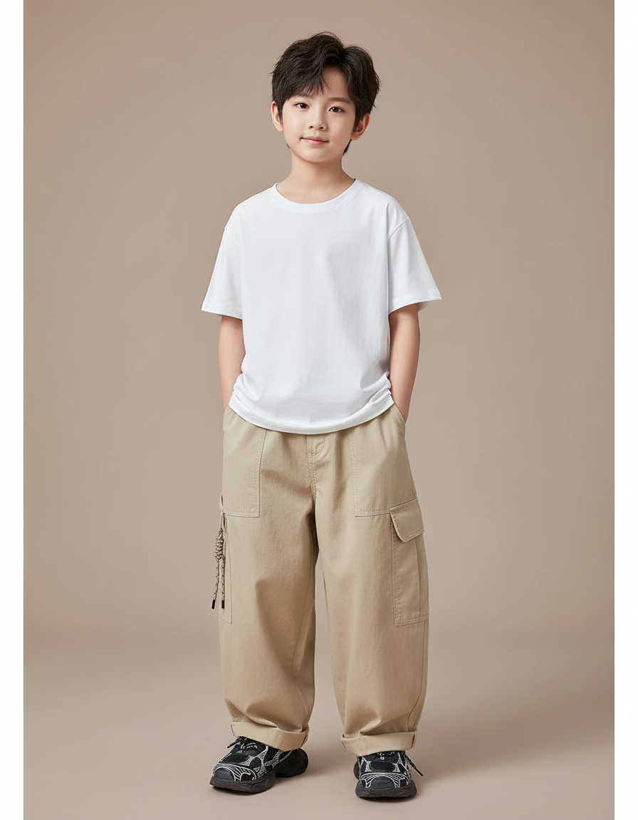 Pantalon Fluide Kaki Ample Cargo Coton Enfant - Toile