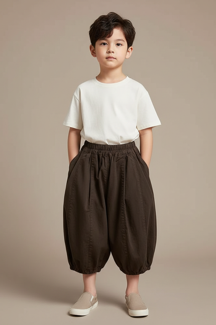 Pantalon Fluide Marron Ample Coton Plissé Enfant - Toile