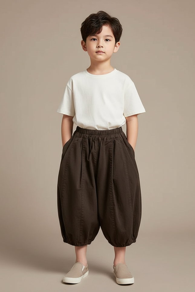Pantalon Fluide Marron Ample Coton Plissé Enfant - Toile