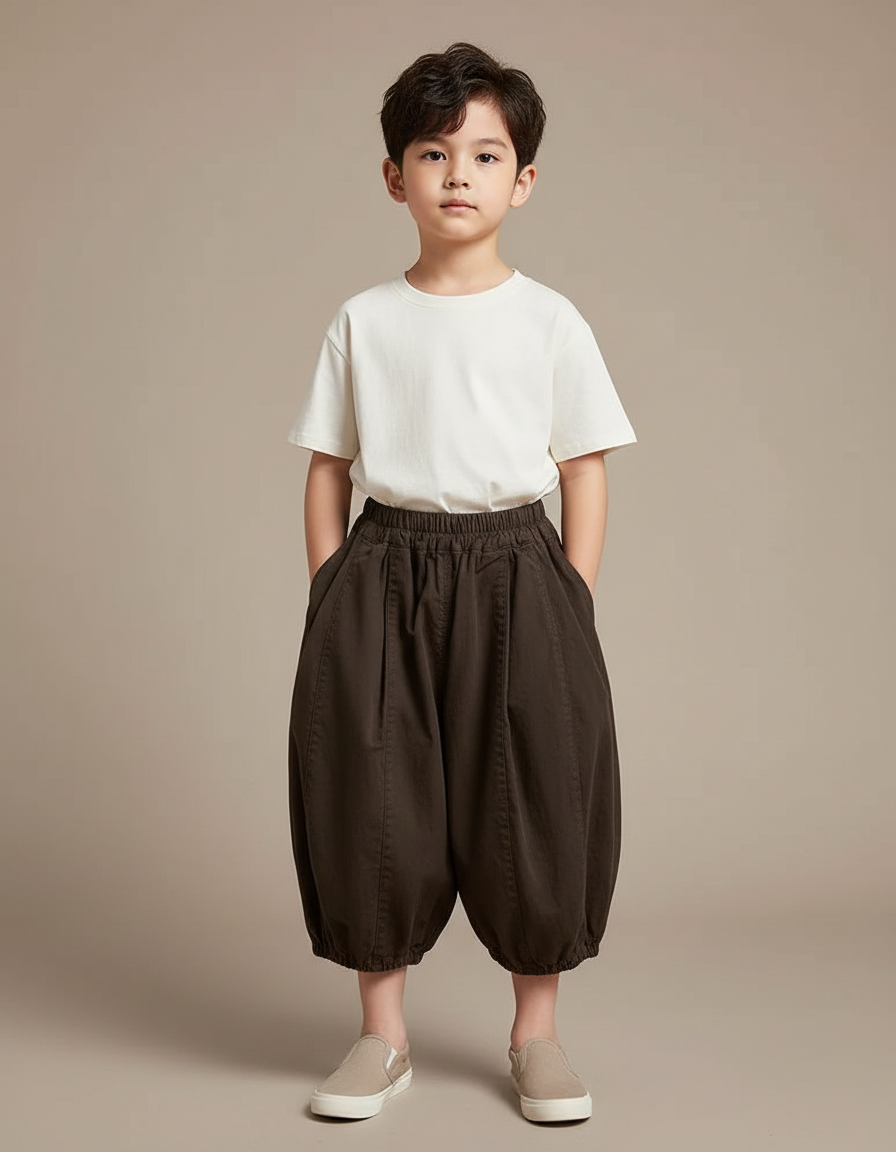 Pantalon Fluide Marron Ample Coton Plissé Enfant - Toile