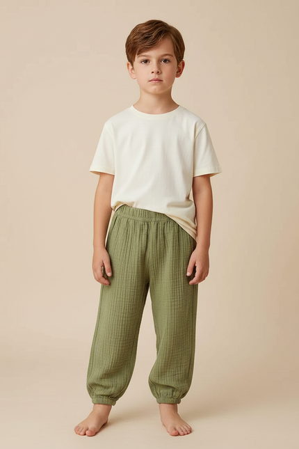 Pantalon Fluide Vert Ample Gaze Confortable Enfant - Coton
