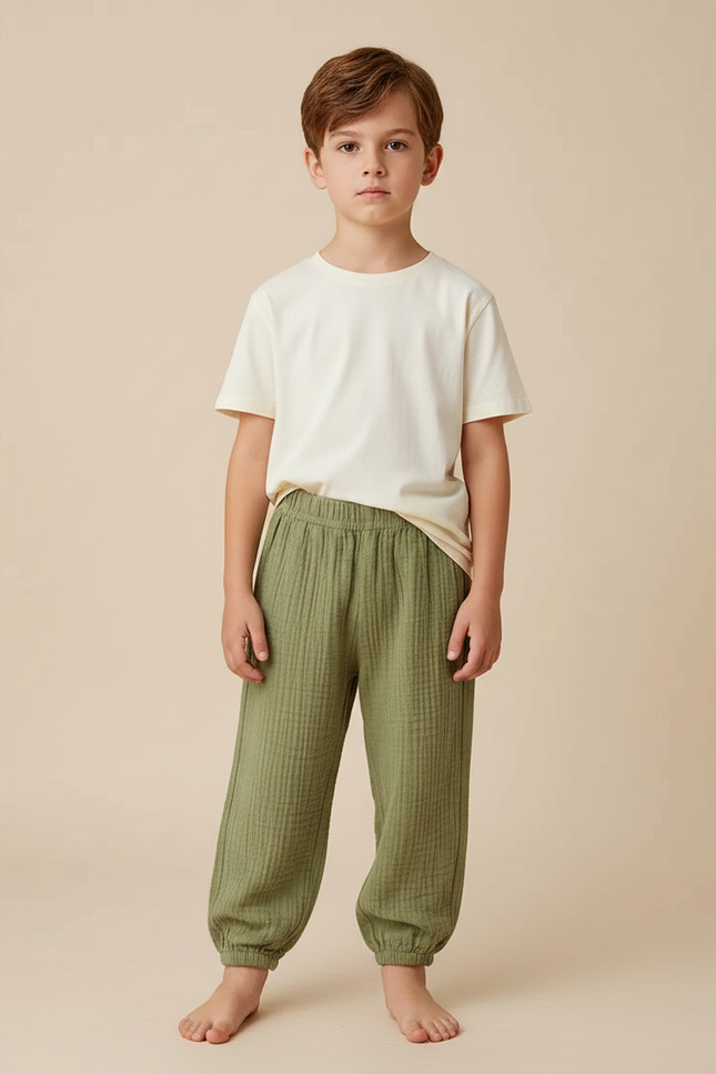 Pantalon Fluide Vert Ample Gaze Confortable Enfant - Coton