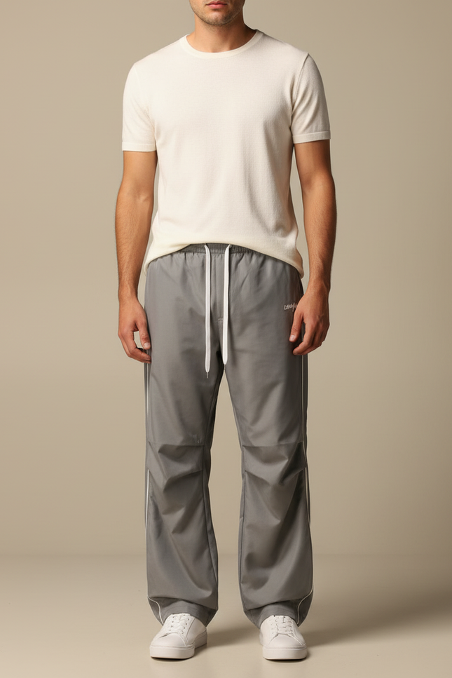Pantalon Fluide Gris Ample Droit Décontracté Homme - Polyester