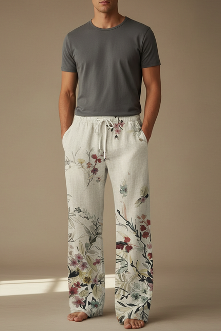 Pantalon Fluide Lin Imprimé Floral Ample Décontracté Homme