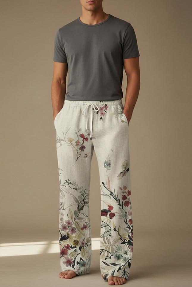 Pantalon Fluide Lin Imprimé Floral Ample Décontracté Homme