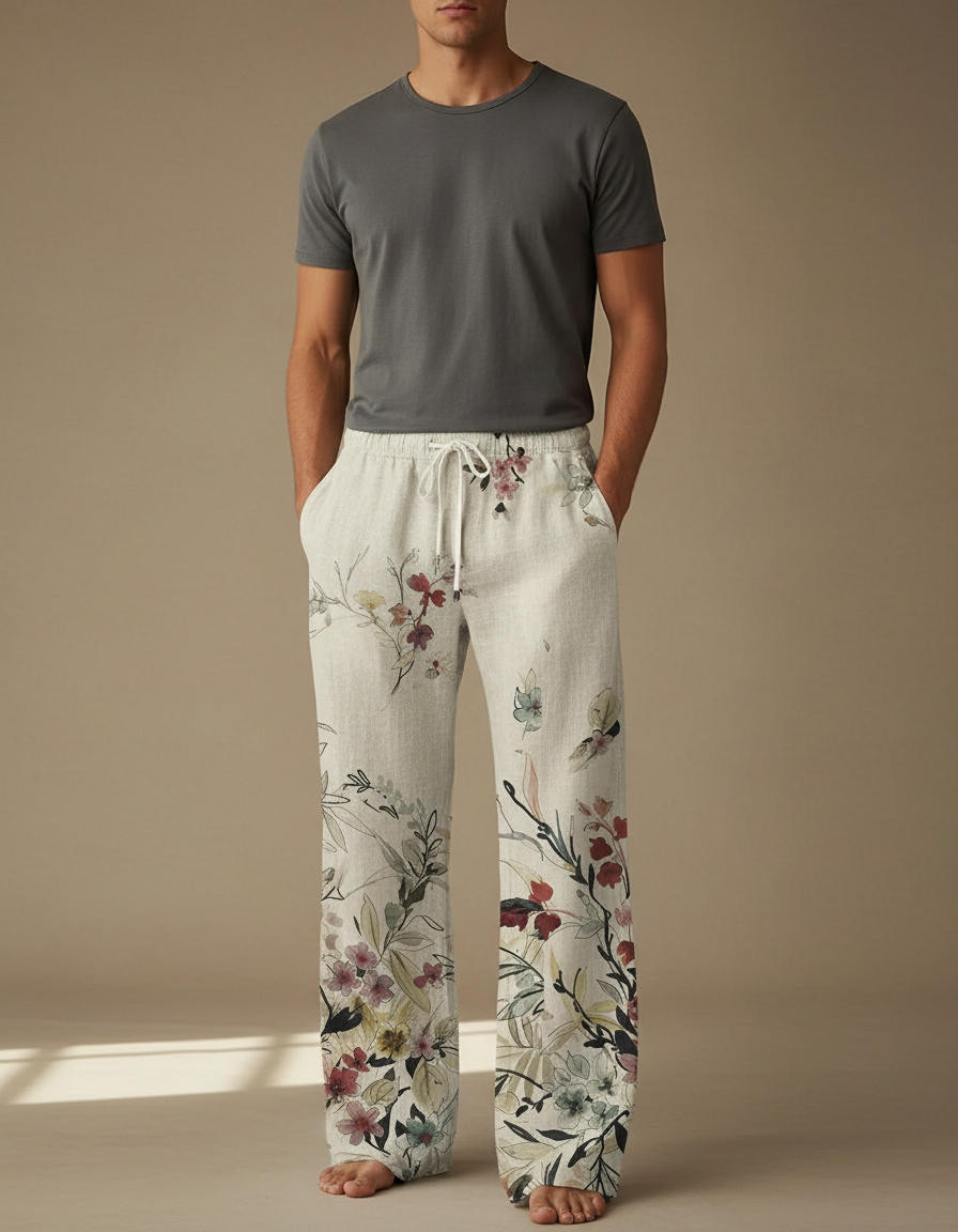 Pantalon Fluide Lin Imprimé Floral Ample Décontracté Homme