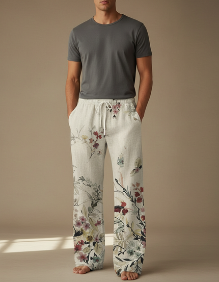 Pantalon Fluide Lin Imprimé Floral Ample Décontracté Homme