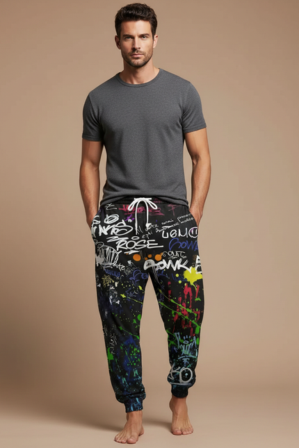 Pantalon Fluide Noir Graffiti Coloré Ample Décontracté Homme - Molleton