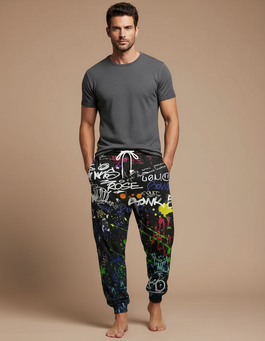 Pantalon Fluide Noir Graffiti Coloré Ample Décontracté Homme - Molleton