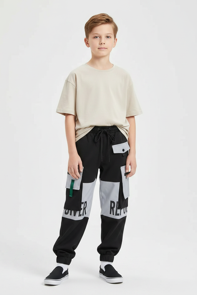 Pantalon Fluide Cargo Bicolore Noir Gris Imprimé Garçon - Multicolore Molleton