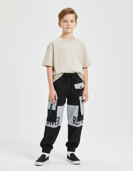 Pantalon Fluide Cargo Bicolore Noir Gris Imprimé Garçon - Multicolore Molleton