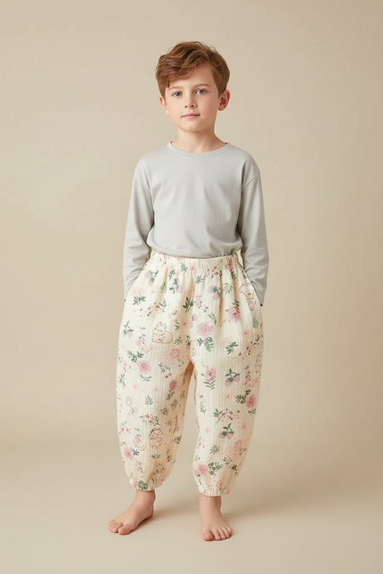 Pantalon Fluide Coton Gaze Ample Floral Beige Enfant