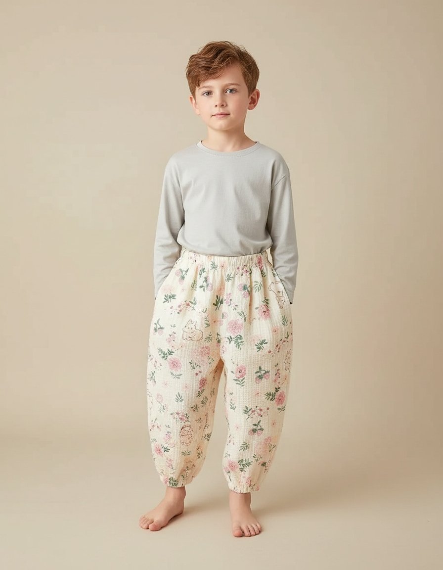 Pantalon Fluide Coton Gaze Ample Floral Beige Enfant