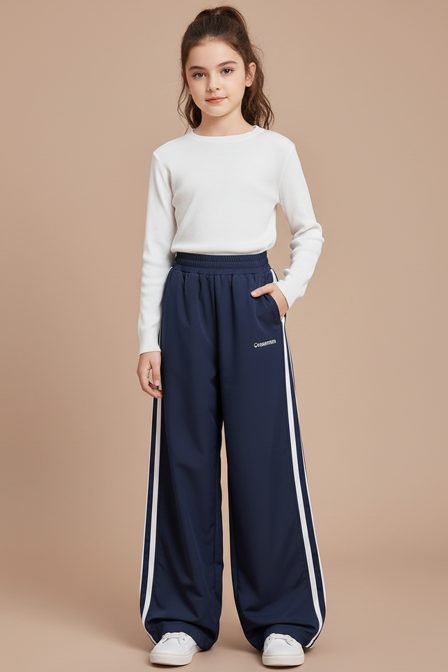 Pantalon Fluide Bleu Marine Ample Rayures Blanches Sport - Polyester