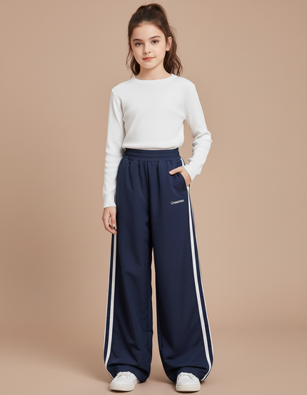Pantalon Fluide Bleu Marine Ample Rayures Blanches Sport - Polyester