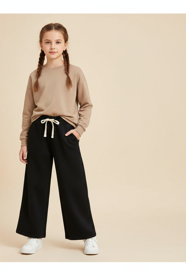 Pantalon Fluide Fille Noir Palazzo Coton - Molleton