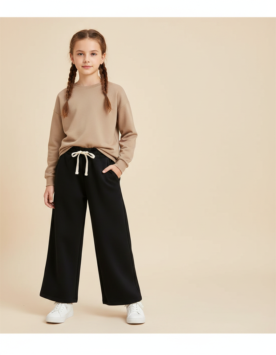 Pantalon Fluide Fille Noir Palazzo Coton - Molleton