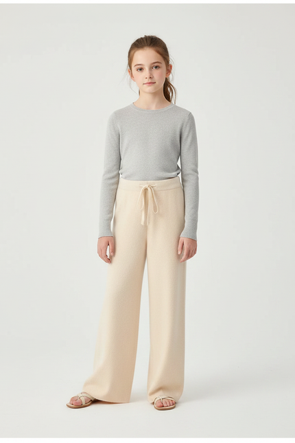 Pantalon Fluide Crème Laine Ample Tricoté Enfant - Beige Maille