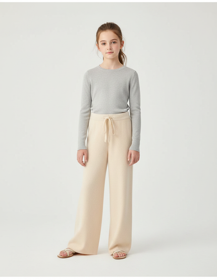Pantalon Fluide Crème Laine Ample Tricoté Enfant - Beige Maille
